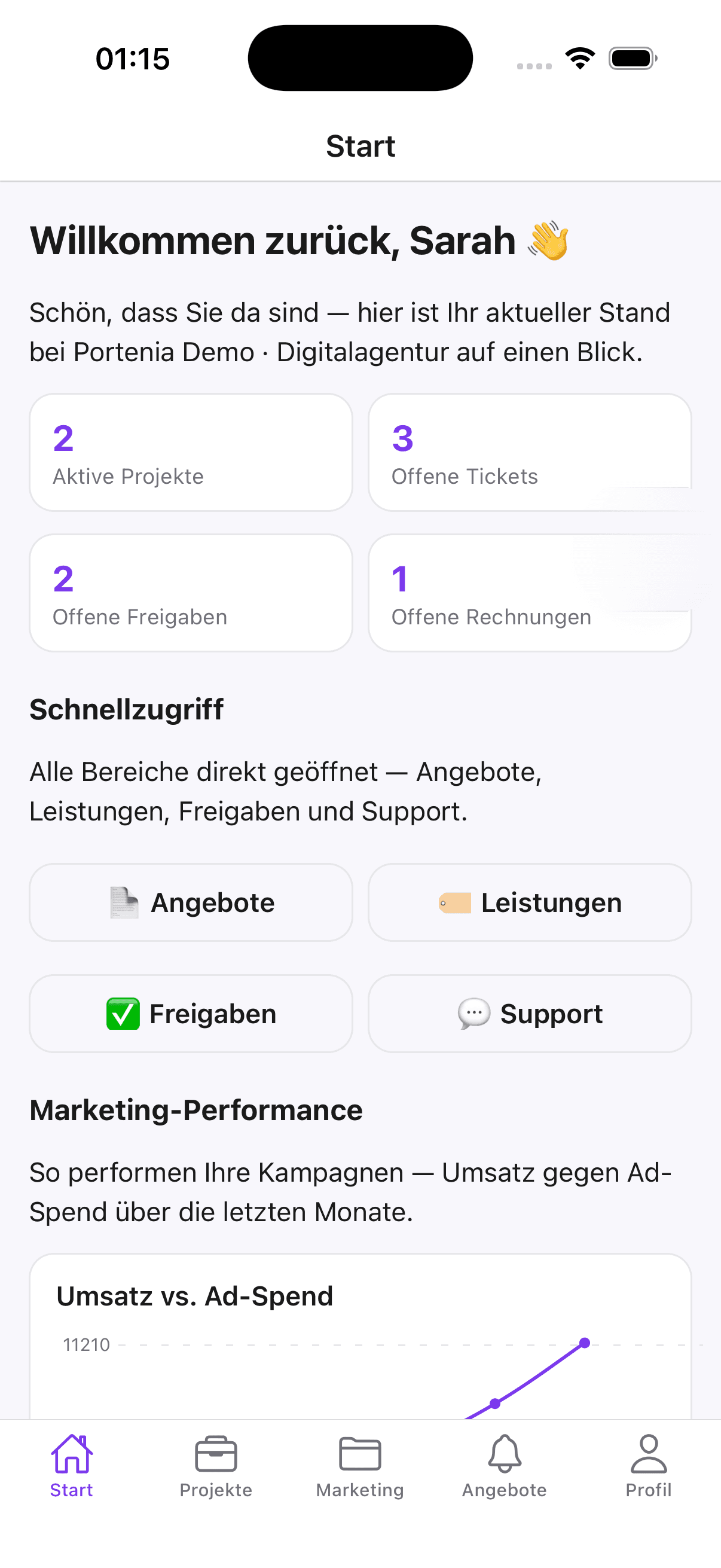 Portenia White-Label-App — personalisierte Startseite