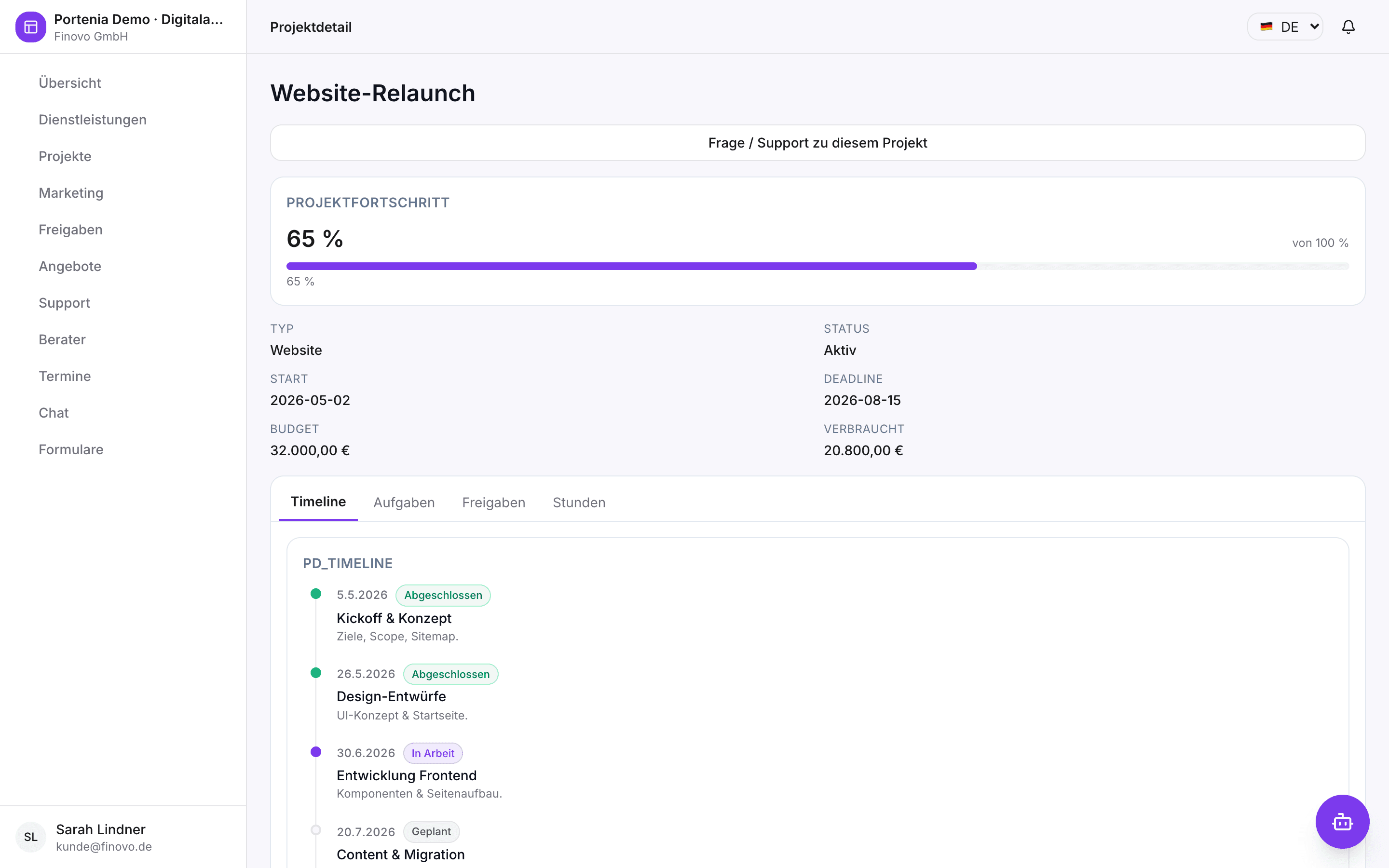 Agenturportal — Projektdetail mit Zeitachse und Aufgabenboard